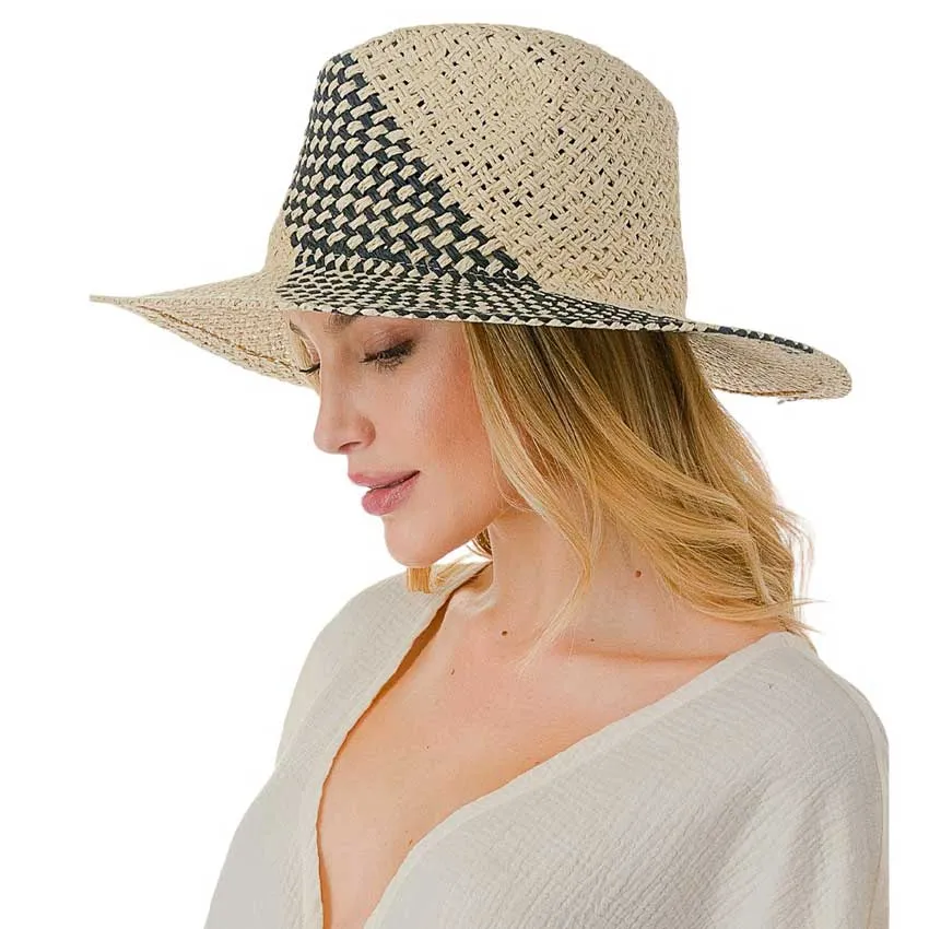 Two Tone Woven Straw Fedora Hat