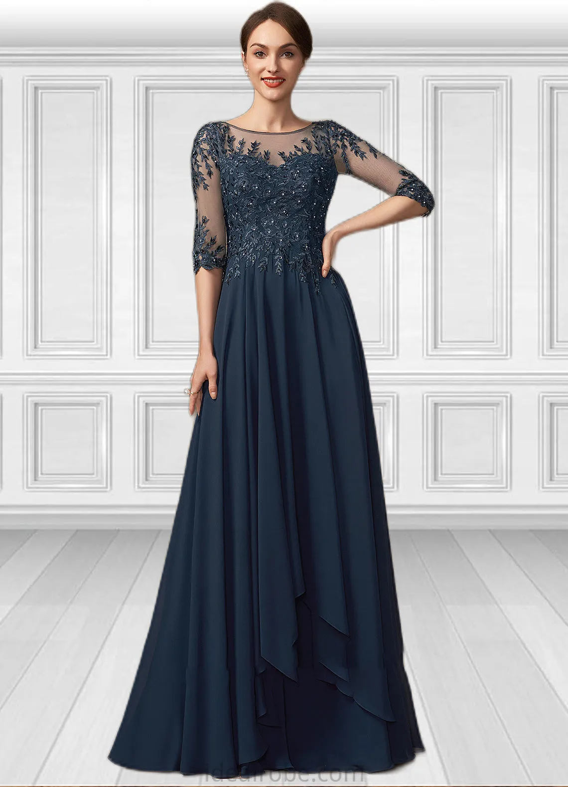 Uerica A-Line Scoop Neck Floor-Length Chiffon Lace Mother of the Bride Dress With Beading Sequins STK126P0014795