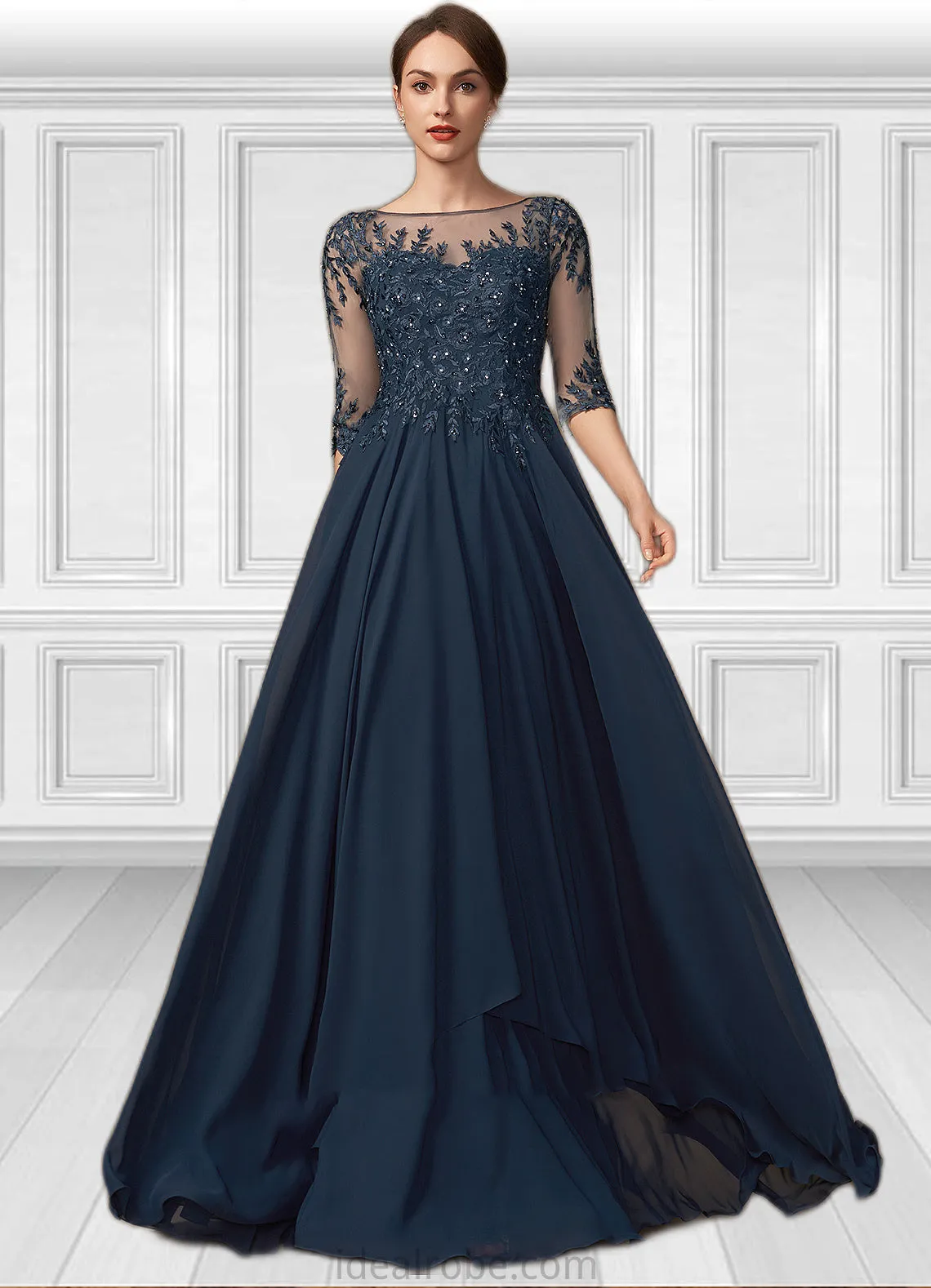 Uerica A-Line Scoop Neck Floor-Length Chiffon Lace Mother of the Bride Dress With Beading Sequins STK126P0014795