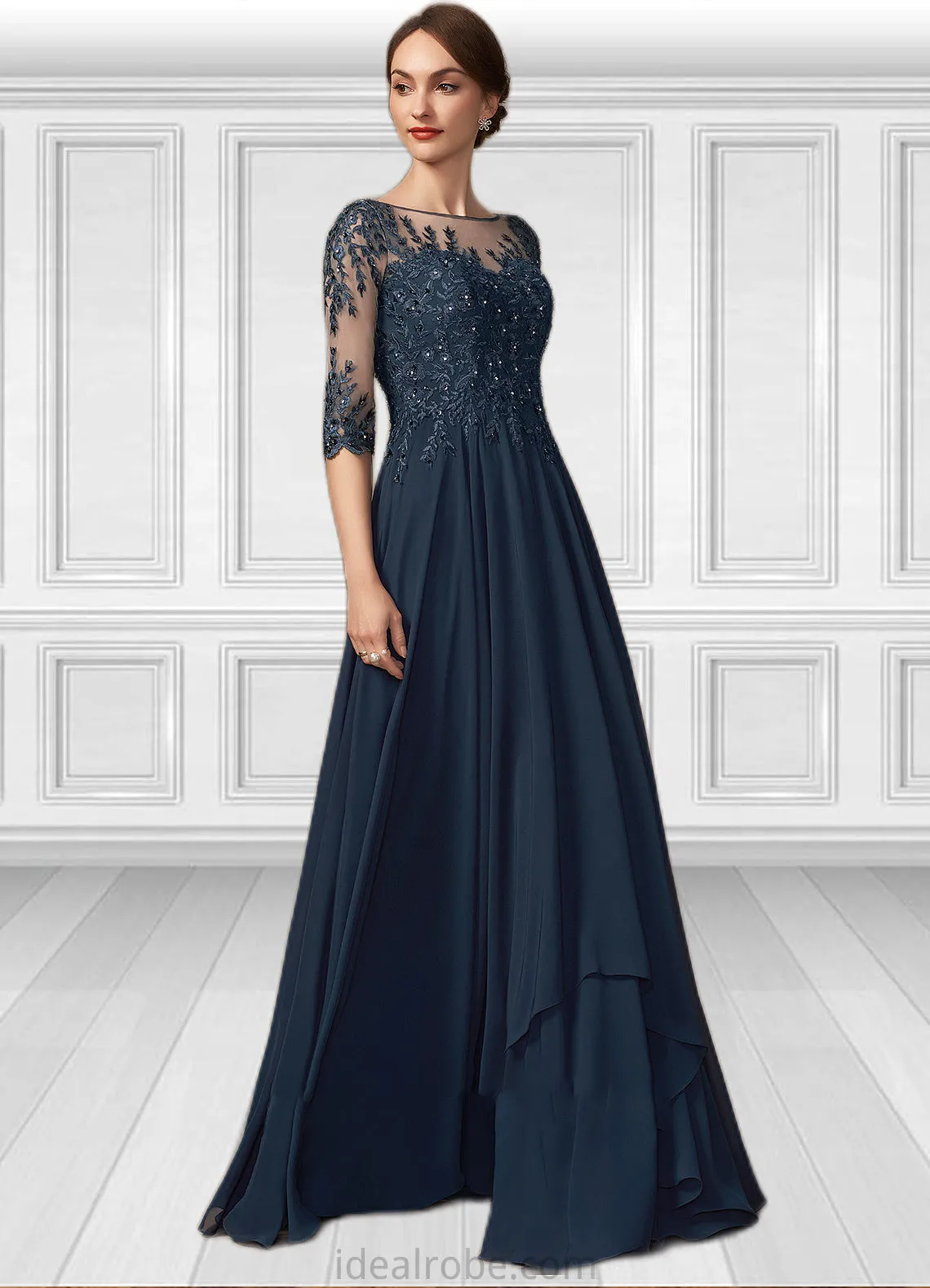 Uerica A-Line Scoop Neck Floor-Length Chiffon Lace Mother of the Bride Dress With Beading Sequins STK126P0014795