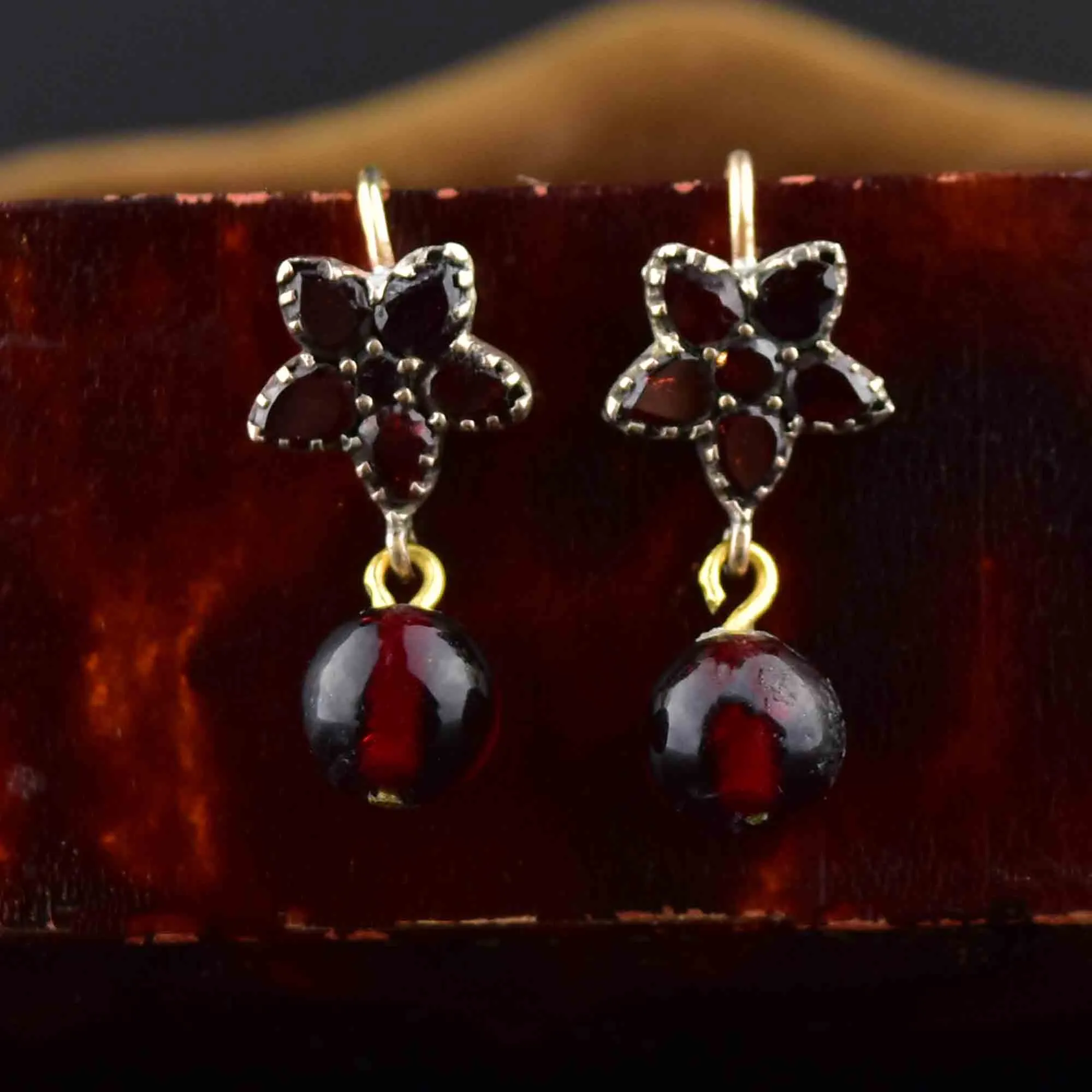 Victorian Rolled Gold Garnet Flower Drop Earrings