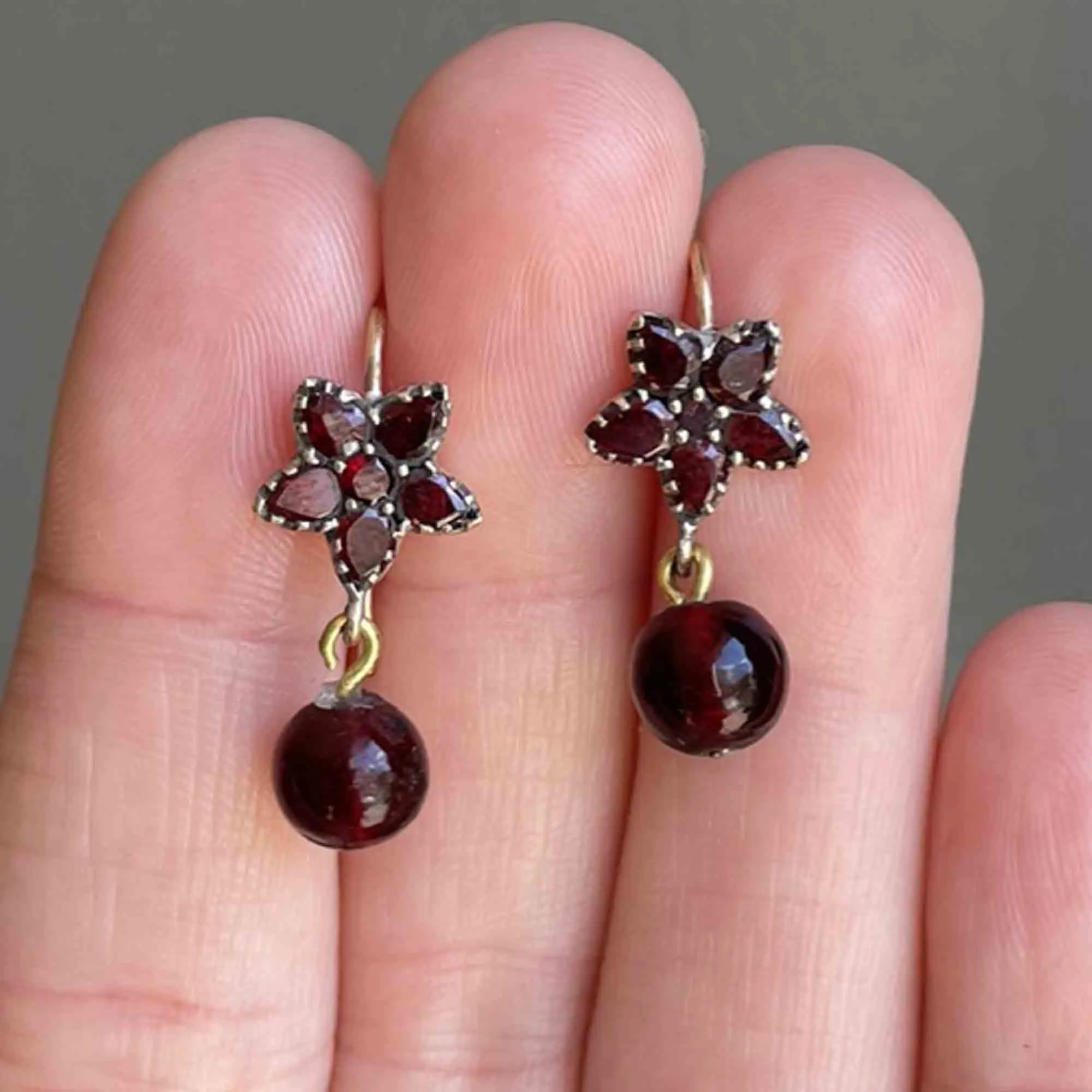 Victorian Rolled Gold Garnet Flower Drop Earrings