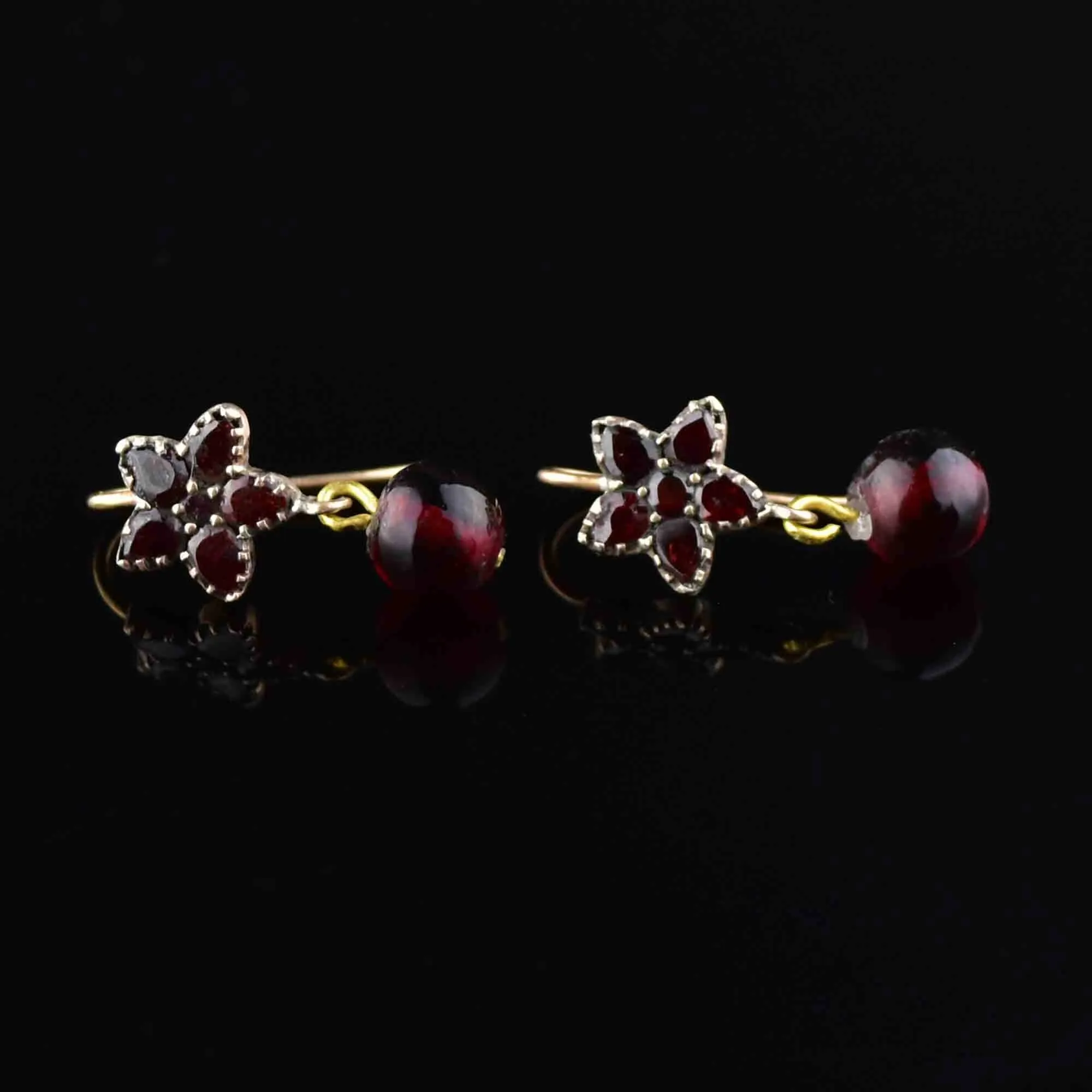 Victorian Rolled Gold Garnet Flower Drop Earrings