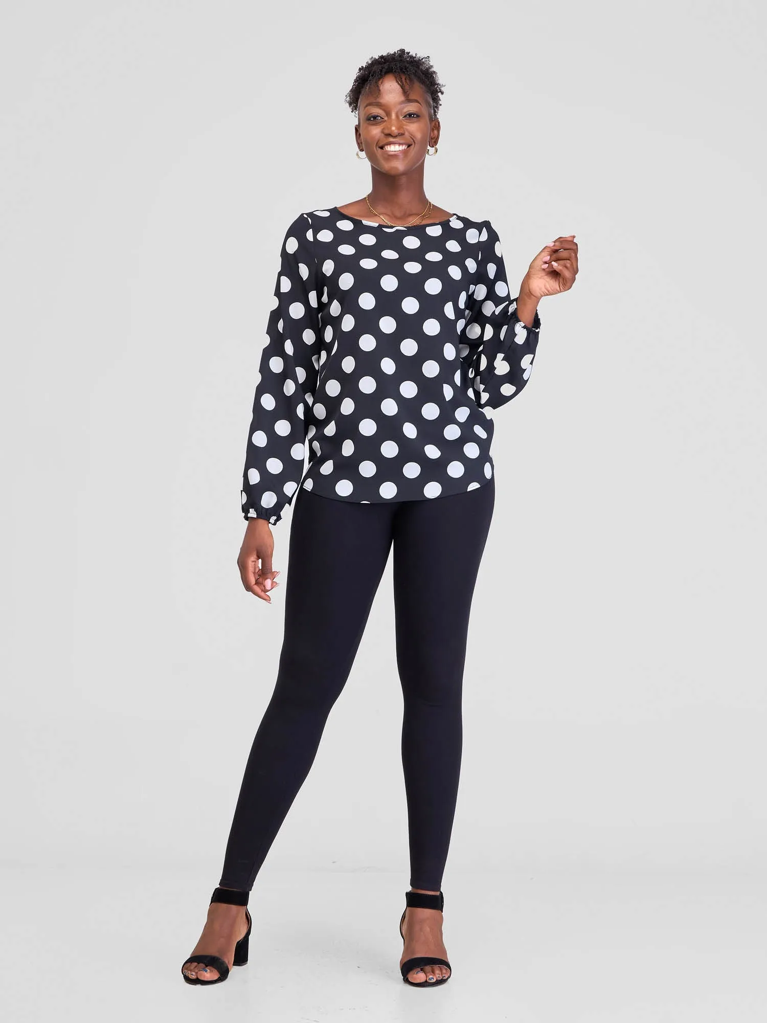 Vivo Basic Long Sleeved Bishop Top - Black Polka