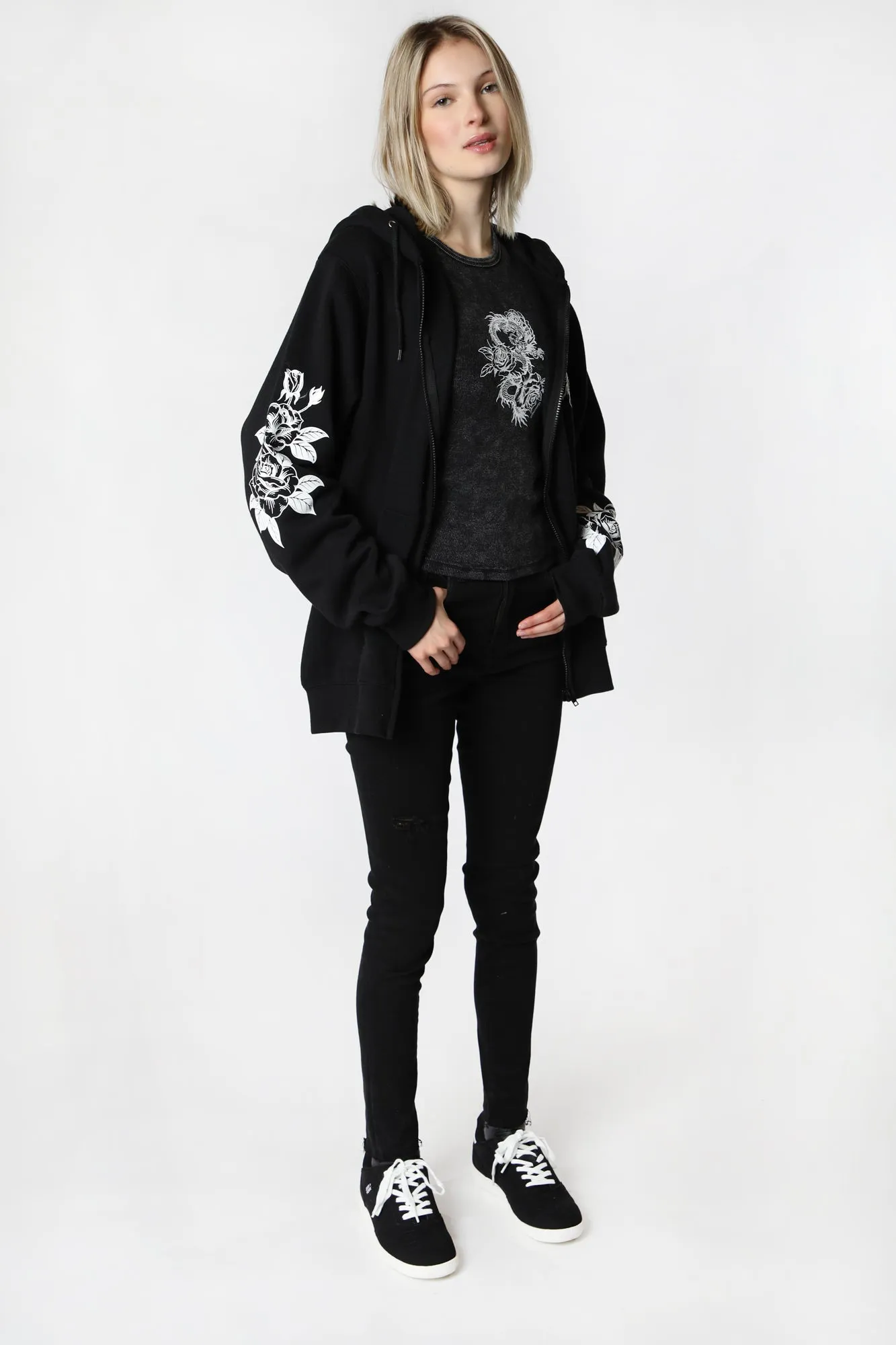 Womens Sovrn Voices Dragon and Roses Zip-Up Hoodie