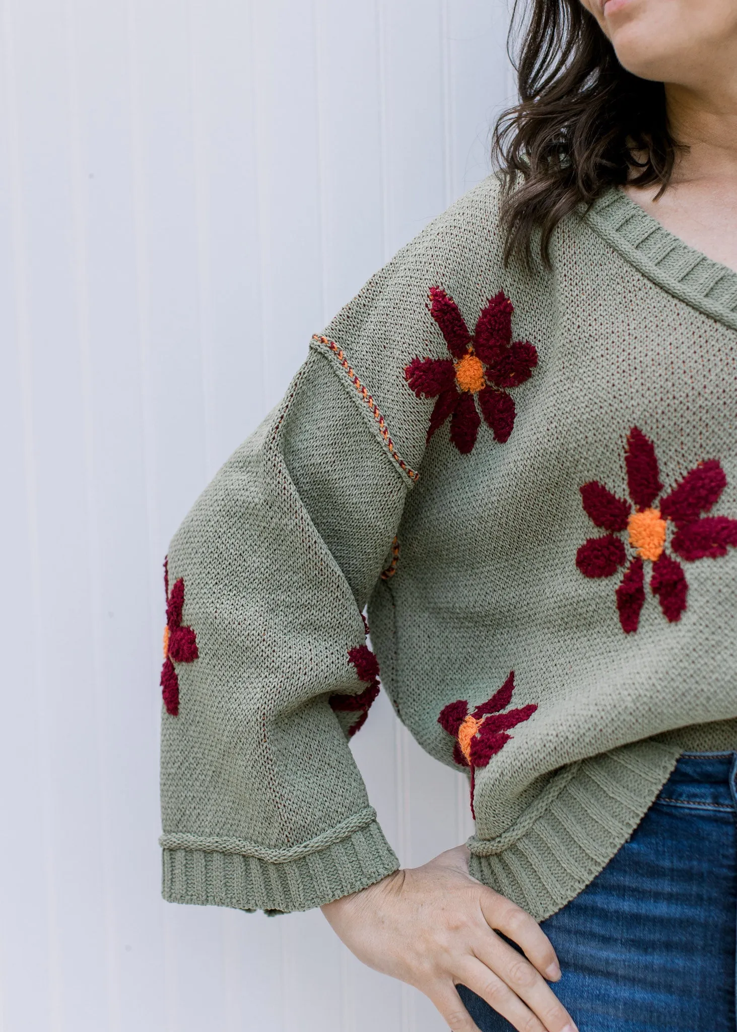 X Burgundy on Sage Flower Sweater